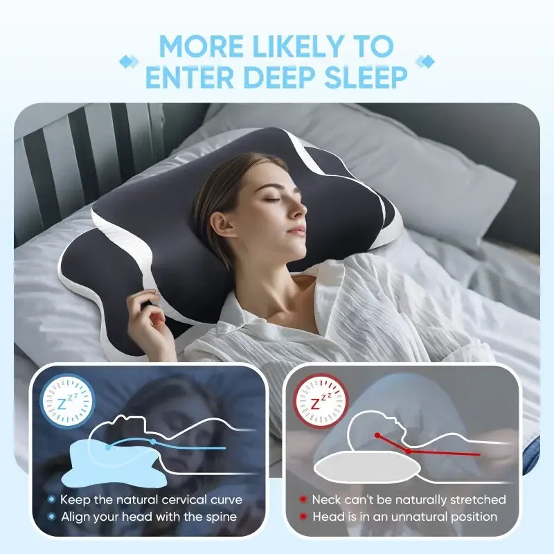 A woman sleeping comfortably with an ergonomic memory foam butterfly neck pillow, showing proper cervical alignment.