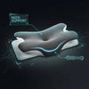A diagram showing the ergonomic support and pressure relief features of a memory foam neck pillow.