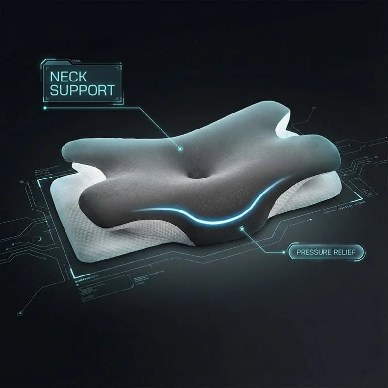 A diagram showing the ergonomic support and pressure relief features of a memory foam neck pillow.