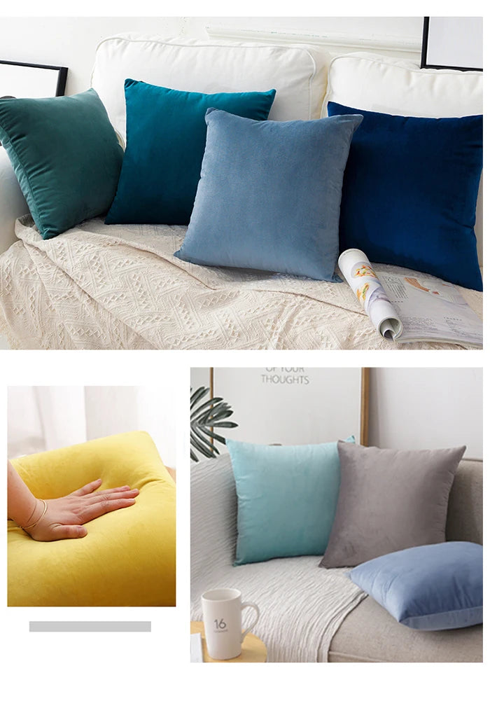 A collection of velvet cushion covers in various shades of teal, blue, and gray displayed on a sofa.