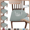 A gray elastic bench cover is shown being used on a wooden chair, demonstrating its anti-spill feature.