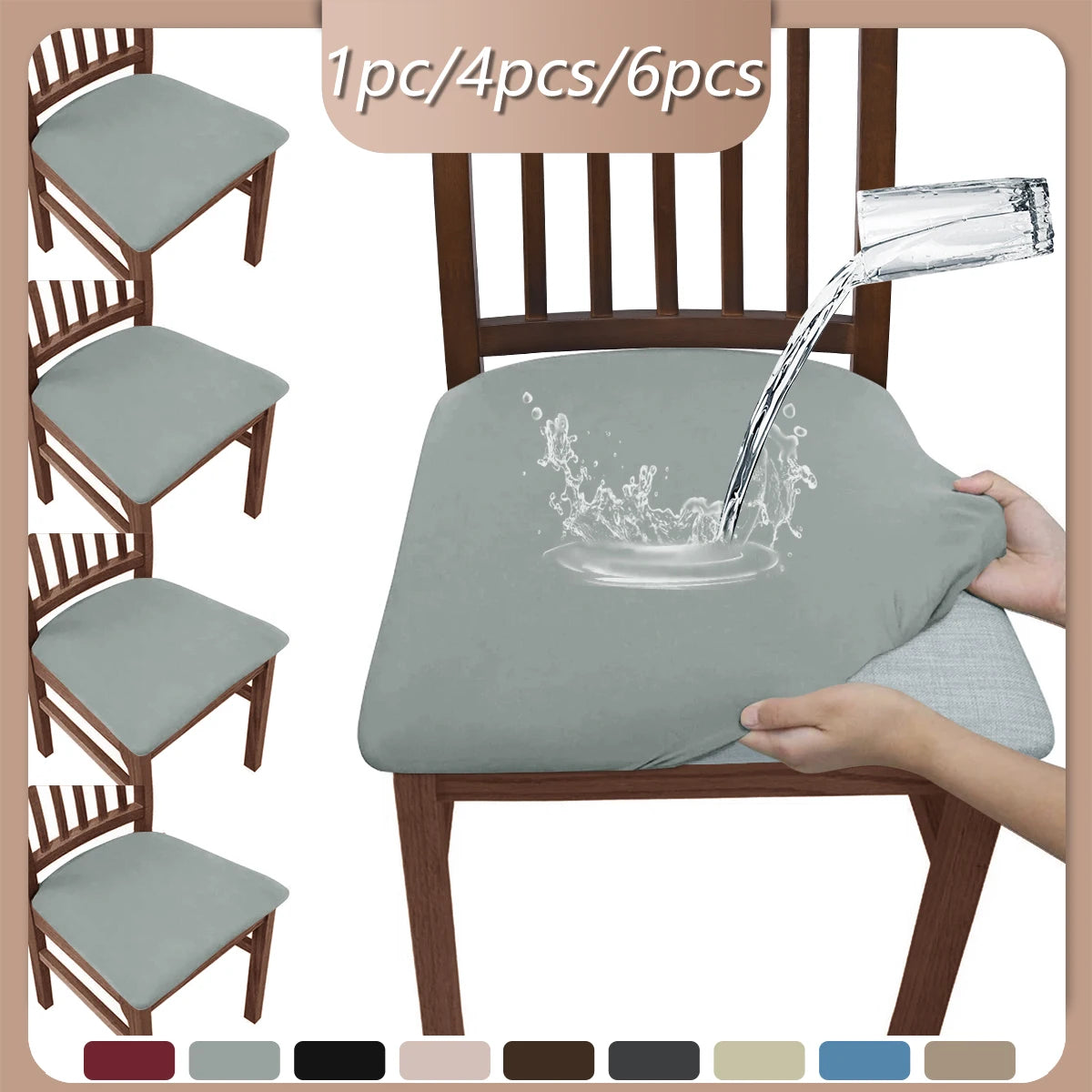 A gray elastic bench cover is shown being used on a wooden chair, demonstrating its anti-spill feature.