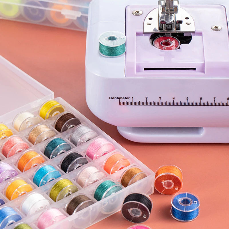 A plastic box containing various colored sewing bobbins and a sewing machine component.