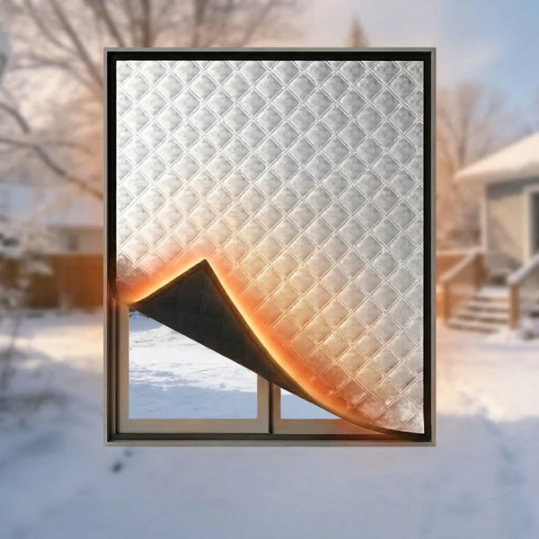 A heavy duty thermal door curtain with a diamond pattern is installed in a window, showing a warm orange glow on the lower se