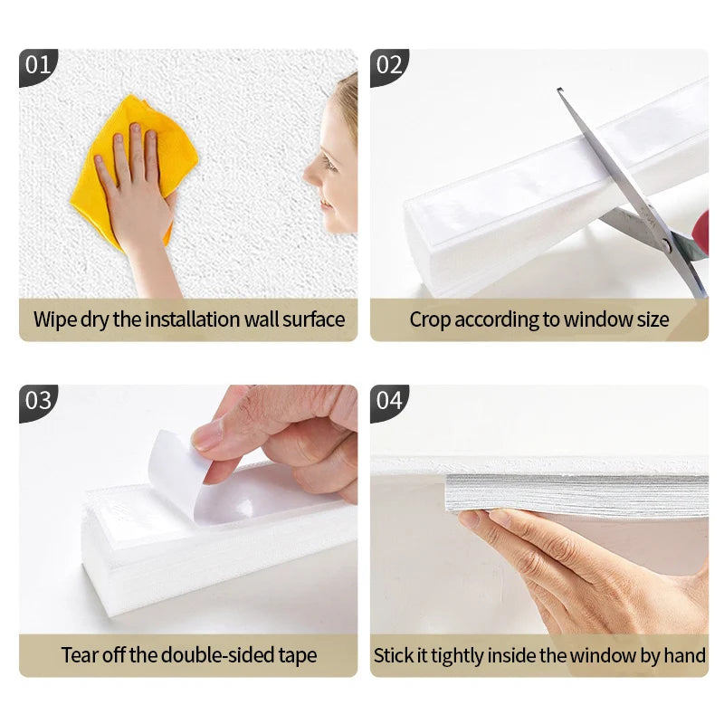 Step-by-step instructions showing how to install non-woven pleated blackout curtains by wiping the surface, cropping, and sti