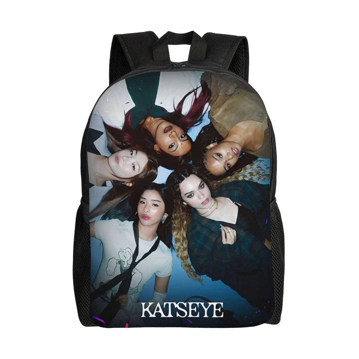 A black canvas backpack featuring a collage of female faces and the name KATSEYE on the front.