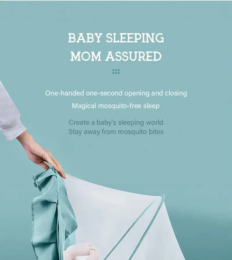 A hand is folding a light blue mosquito net for baby sleeping.