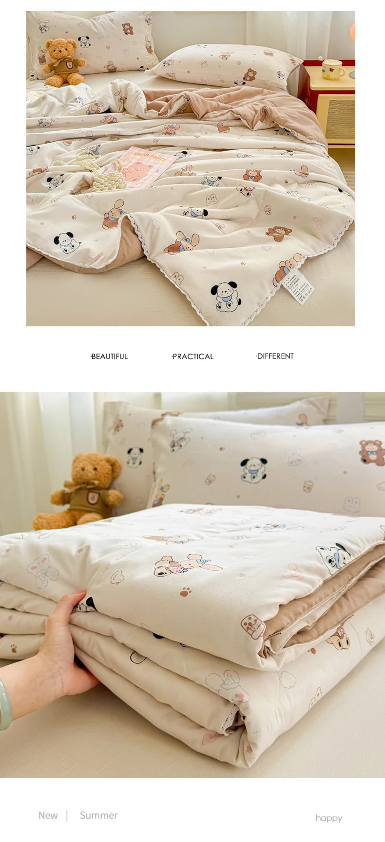A beige quilted blanket with a floral pattern is folded on a bed, next to pillows and a teddy bear.
