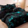 Black duvet cover with a geometric grid pattern featuring glowing cyan blue lines.