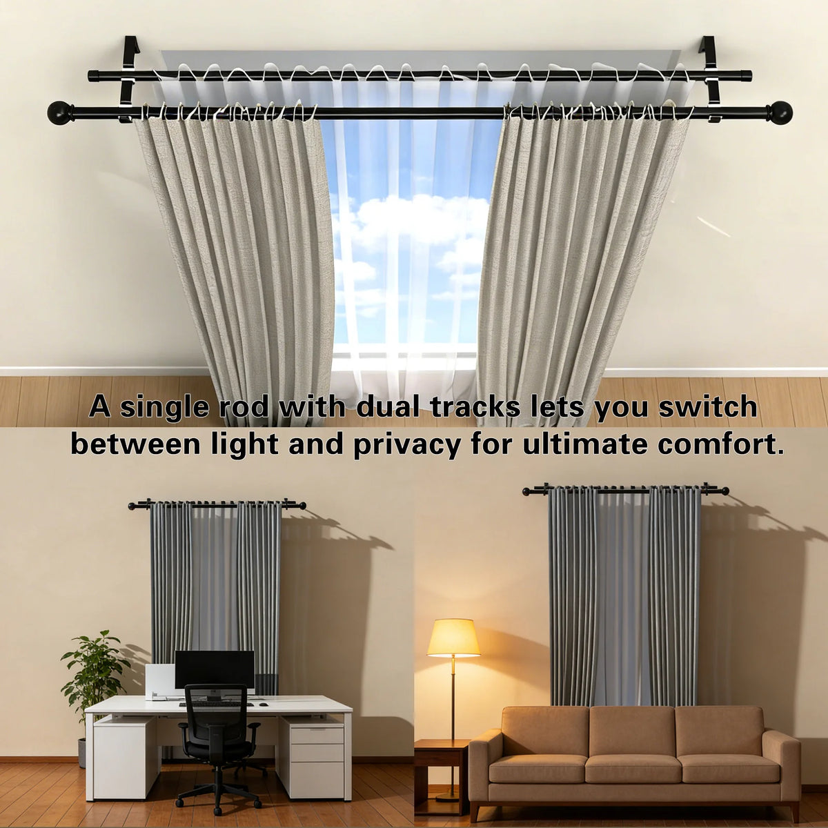 A single rod with dual tracks for light and privacy curtains shown in a room.