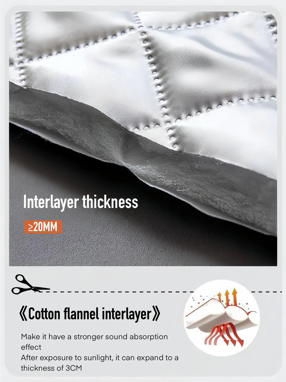 Close-up of a cotton flannel interlayer showing its thickness and sound absorption properties.