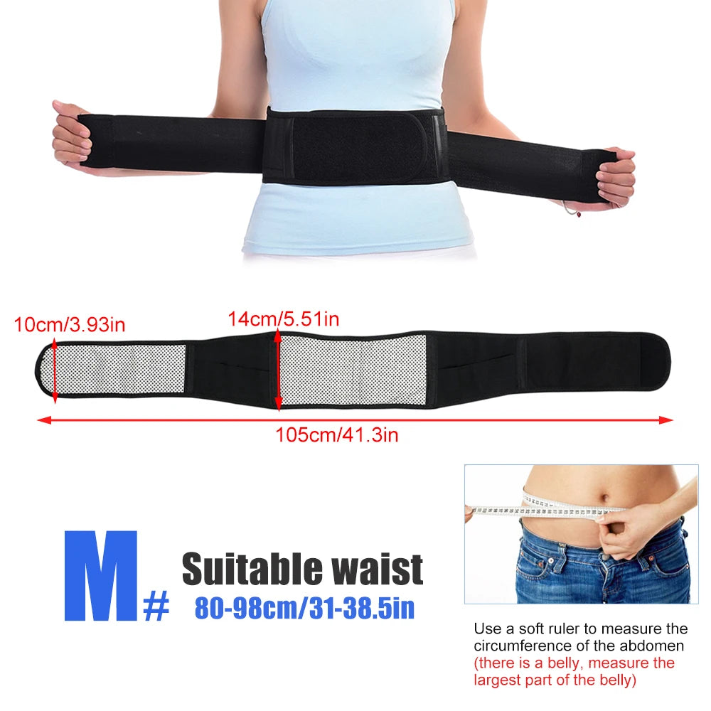 Black magnetic therapy waist belt for lumbar support shown on a person's torso and laid flat with measurements.
