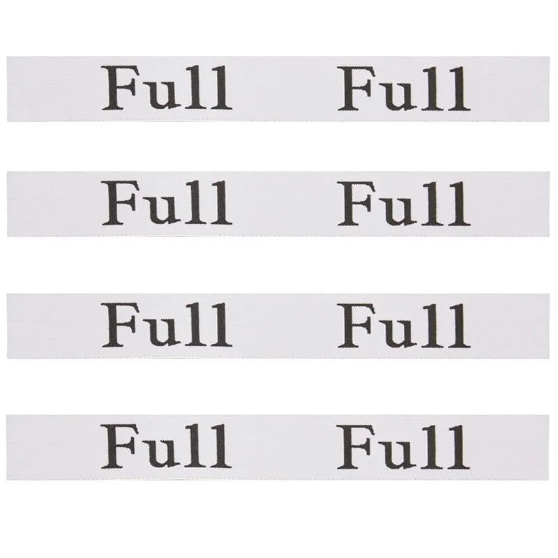 Four gray elastic bed sheet organizer straps labeled Full