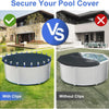 Comparison showing a pool cover with clips versus one without clips for securing a pool cover.
