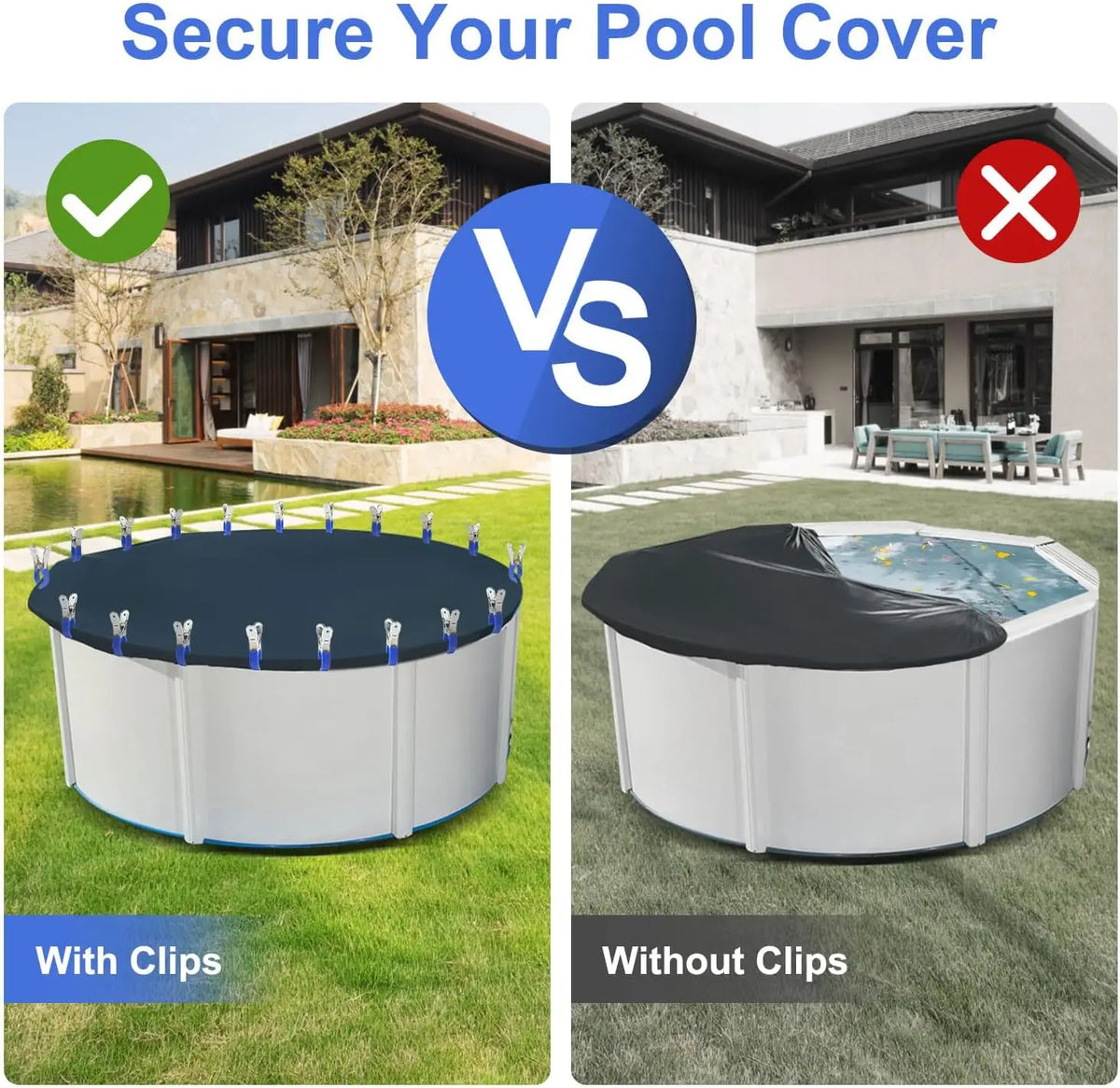 Comparison showing a pool cover with clips versus one without clips for securing a pool cover.