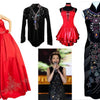 A collection of red and black formal dresses featuring crystal and rhinestone embellishments for crafts and decor.
