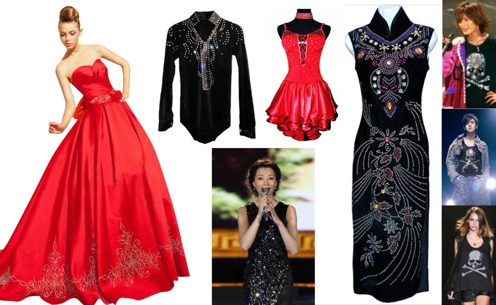 A collection of red and black formal dresses featuring crystal and rhinestone embellishments for crafts and decor.