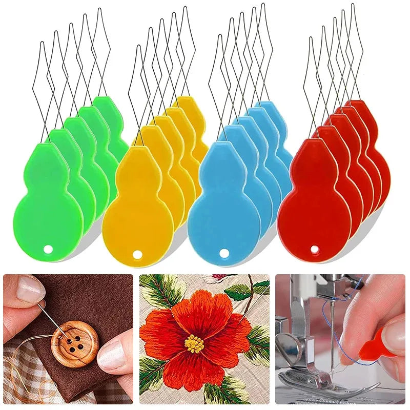 A set of plastic threaders in various colors including green, yellow, blue, and red for sewing and crafting