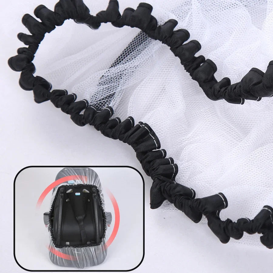 Black braided mosquito net for baby stroller and car seat with a close-up view of the netting structure