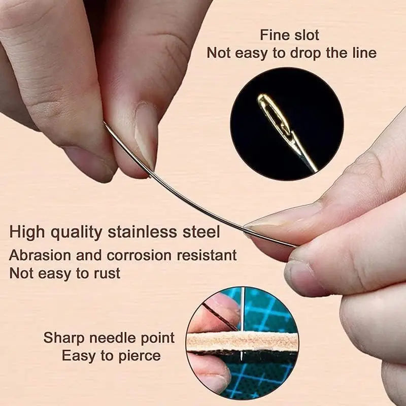 Close-up of a hand holding a fine stainless steel sewing needle demonstrating its sharpness and resistance to corrosion.