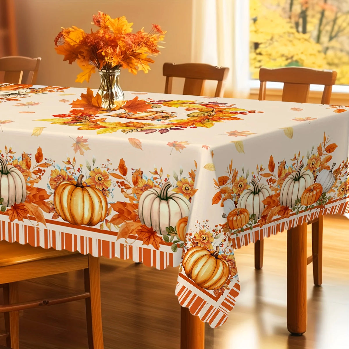 A table covered with a fall harvest pumpkin and maple leaf tablecloth featuring autumn foliage patterns.