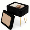 Black faux fur ottoman with hidden storage and gold metal legs.