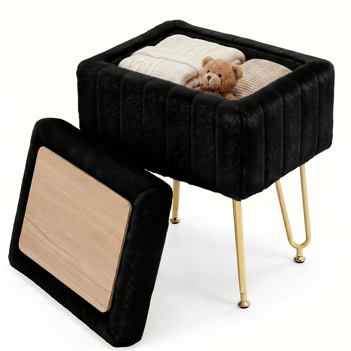 Black faux fur ottoman with hidden storage and gold metal legs.