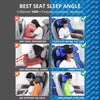 A woman is shown using a black contoured sleep mask and neck pillow for travel, demonstrating an ergonomic position.