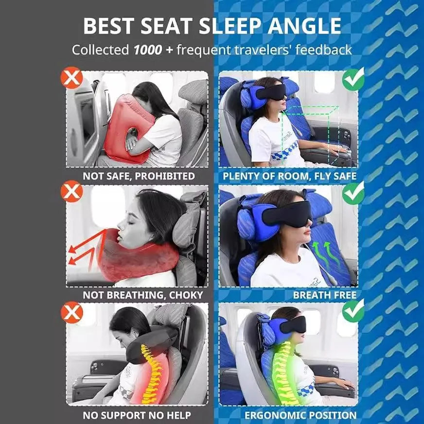 A woman is shown using a black contoured sleep mask and neck pillow for travel, demonstrating an ergonomic position.
