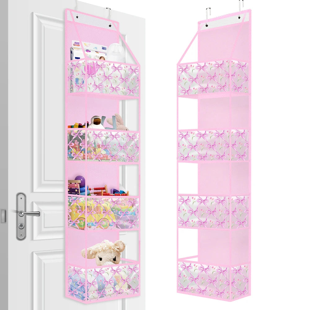 Pink foldable over-the-door storage organizer with multiple compartments for organizing toiletries and small items