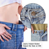 A close-up of denim jeans showing an instant button adjustment feature and a separate metal jean button repair kit.