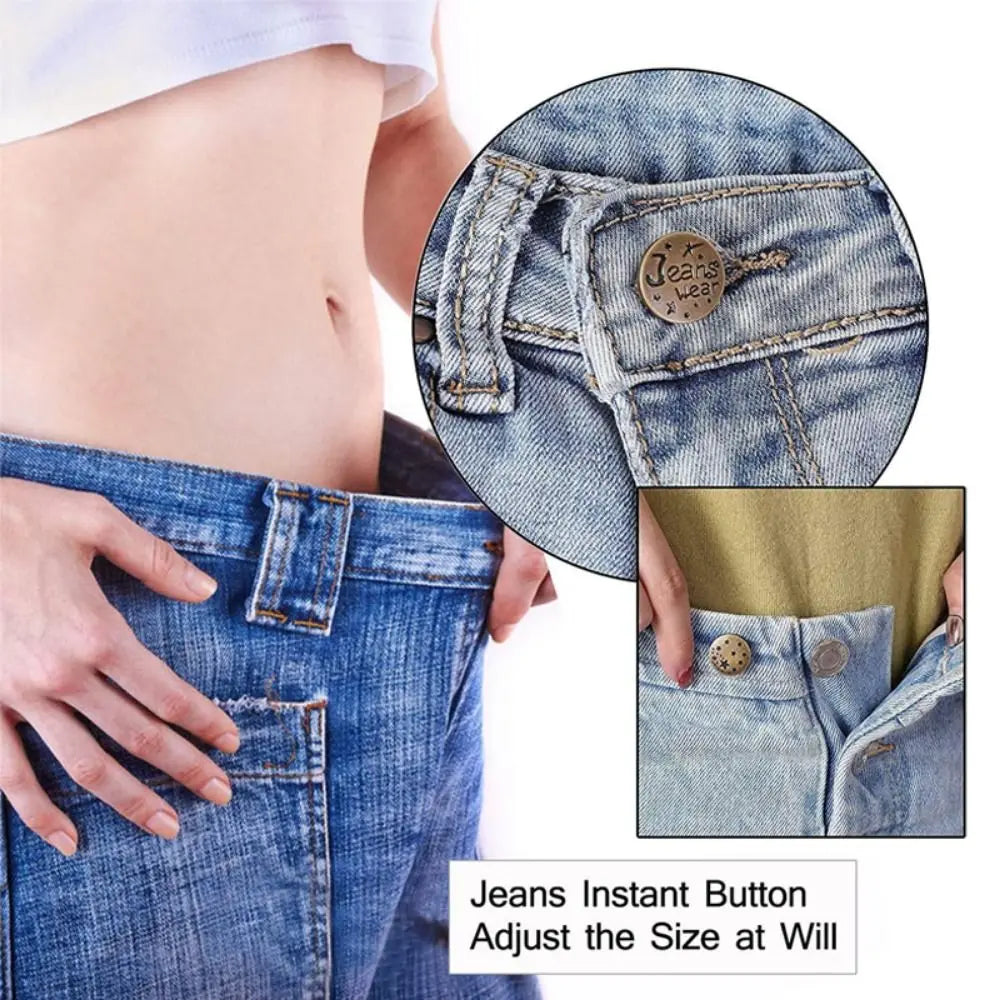 A close-up of denim jeans showing an instant button adjustment feature and a separate metal jean button repair kit.