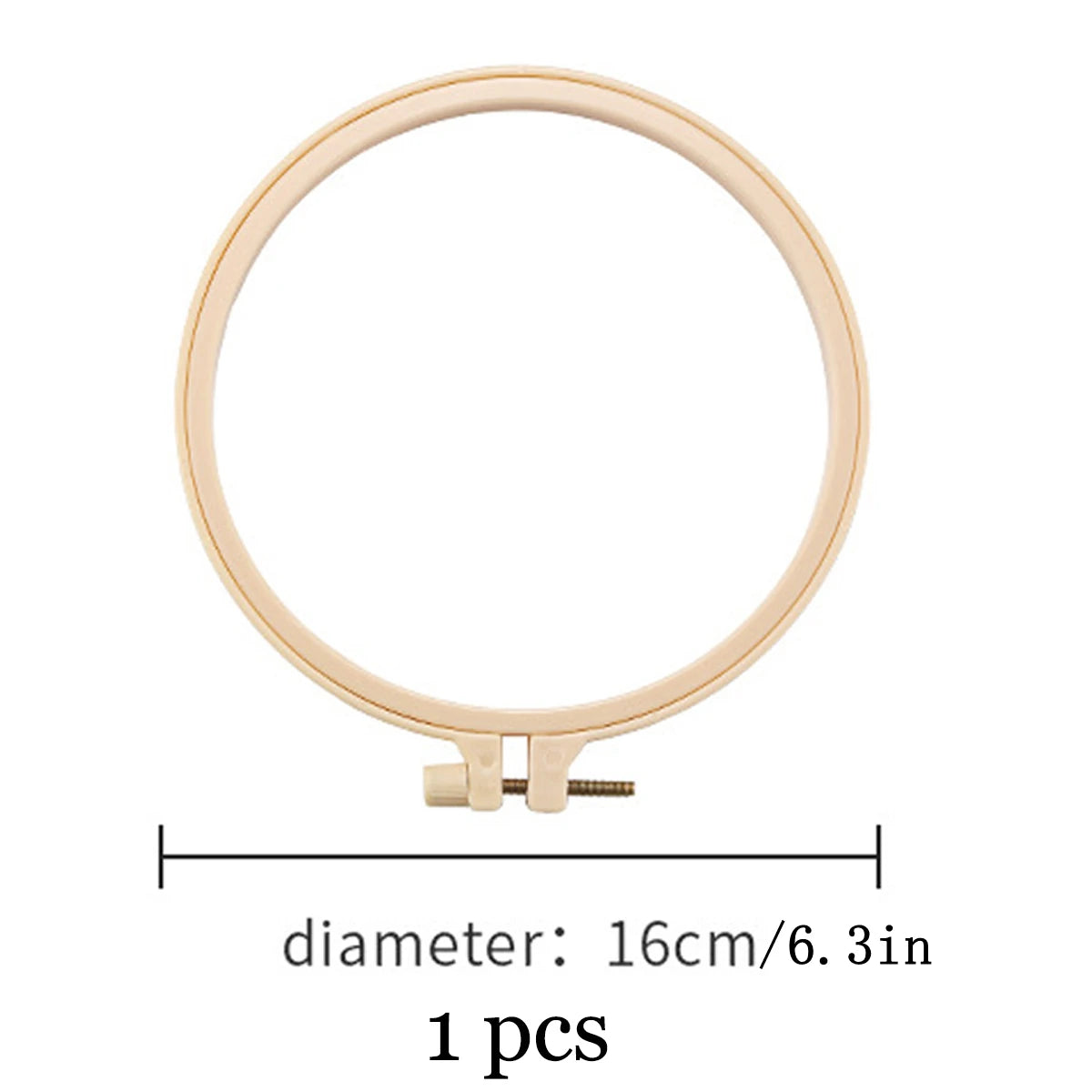 A circular, light beige embroidery hoop with a threaded base for hand embroidery.