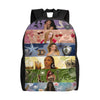 A black canvas backpack featuring various artistic designs and faces on the front.