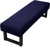 A dark navy blue stretch jacquard dining bench cover with a black frame.