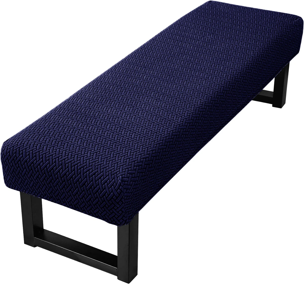 A dark navy blue stretch jacquard dining bench cover with a black frame.