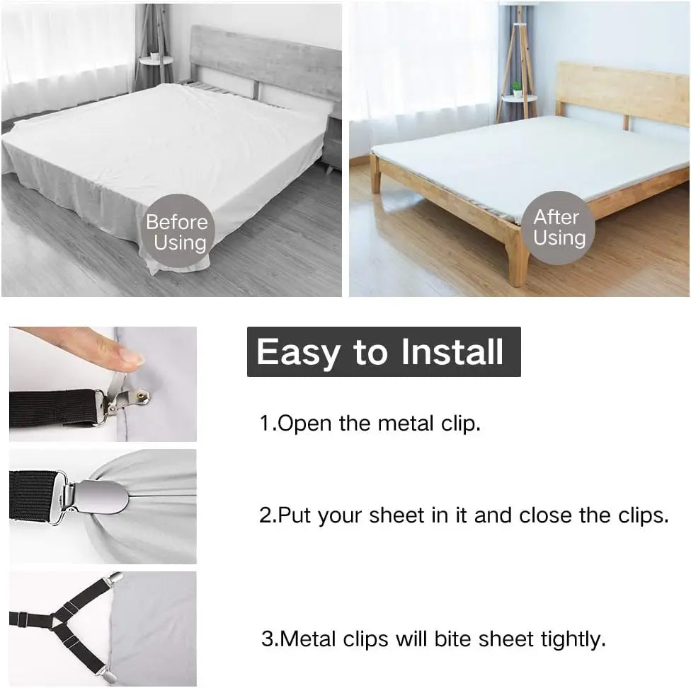 Instructions showing how to install non-slip bed sheet clips on a bed sheet.