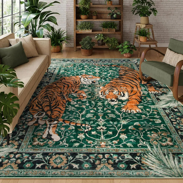 A vibrant green rug featuring a detailed jungle tiger pattern in shades of orange and black.