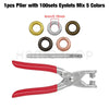 A set of 100 eyelets and a pliers tool with five colors shown for piercing and grommeting.