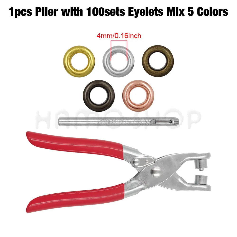 A set of 100 eyelets and a pliers tool with five colors shown for piercing and grommeting.