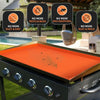 Orange silicone griddle mat cover with pest and dirt protection features shown on a grilling surface.
