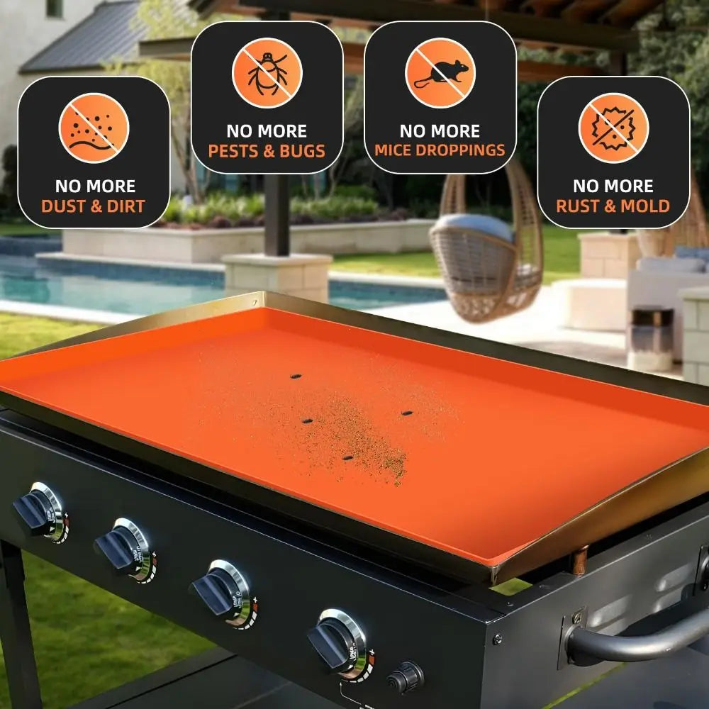 Orange silicone griddle mat cover with pest and dirt protection features shown on a grilling surface.