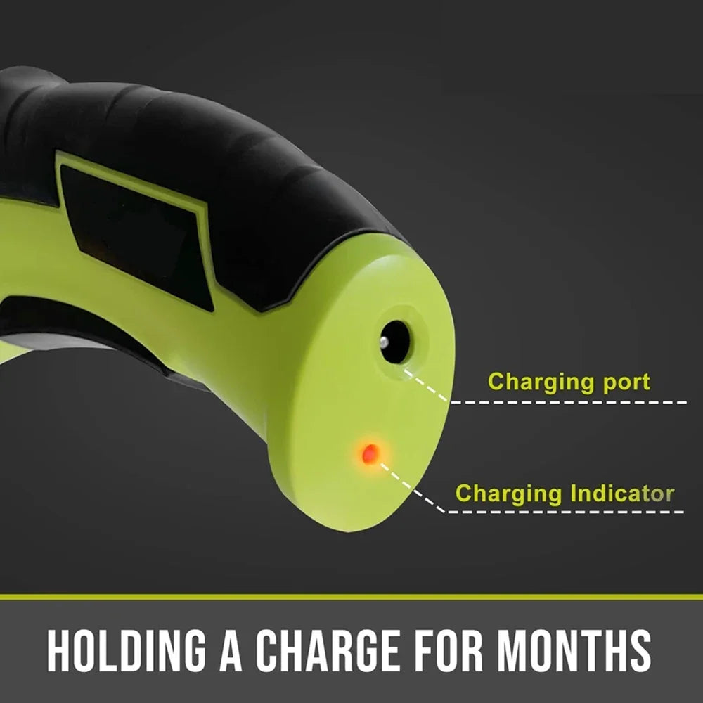 A lime green cordless electric rotary cutter with a visible charging port and indicator light.