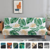 Geometric print spandex slipcovers for sofa beds featuring various green and gold leaf patterns