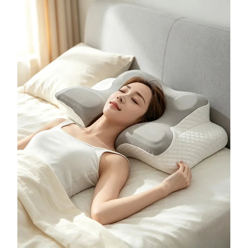 A woman rests her head on a cooling butterfly memory foam pillow with neck support on a white bed.