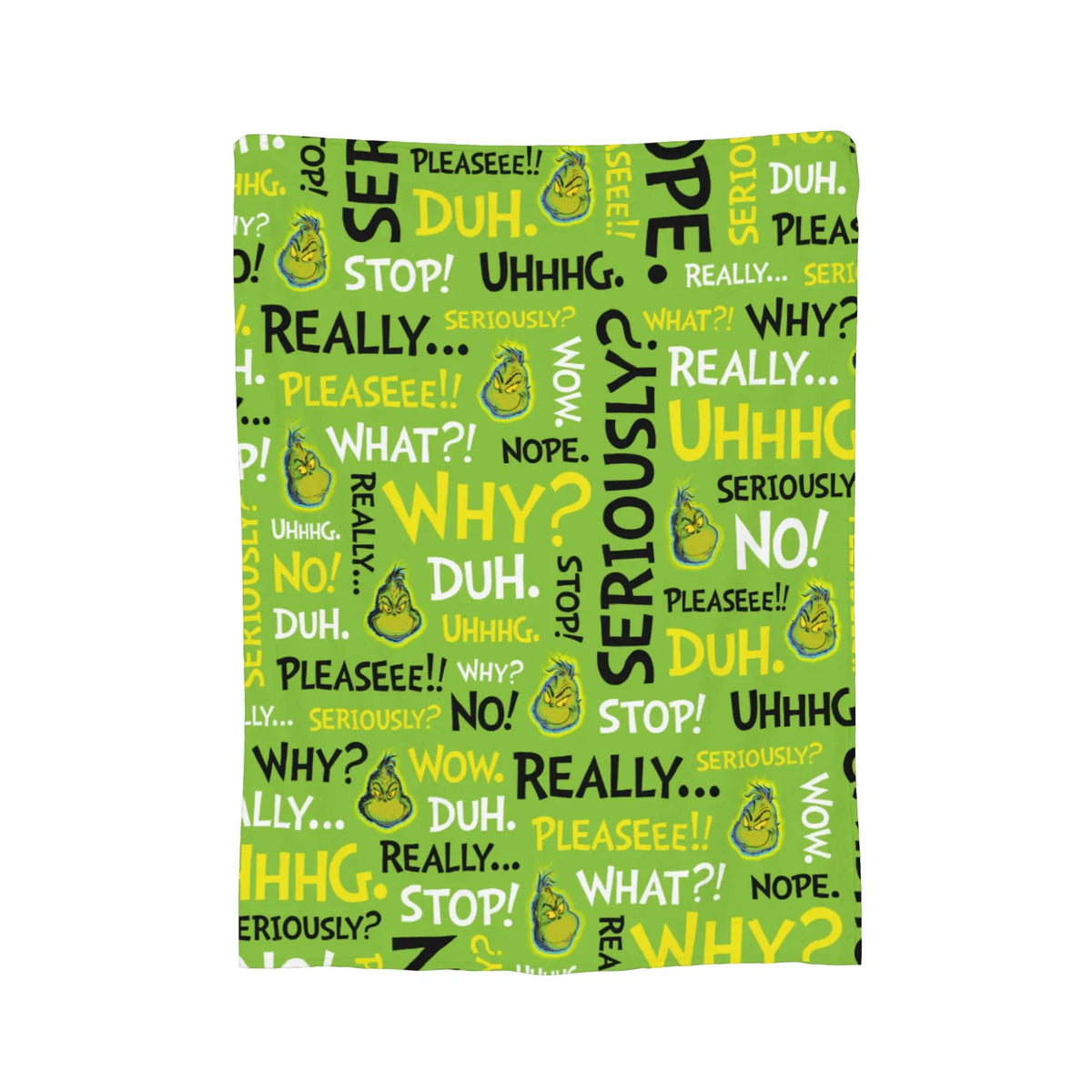 A green fabric blanket featuring repeated text in yellow and black, including words like Seriously, Really, Why, and Uhhhg.