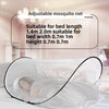 An adjustable mosquito net is shown covering a person sleeping in bed.