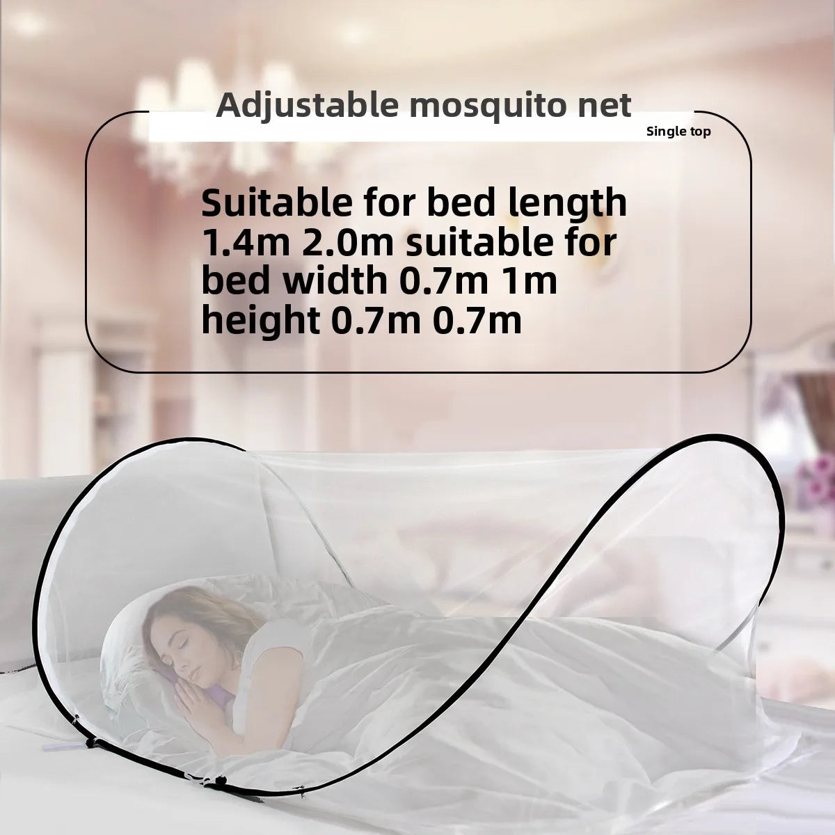 An adjustable mosquito net is shown covering a person sleeping in bed.