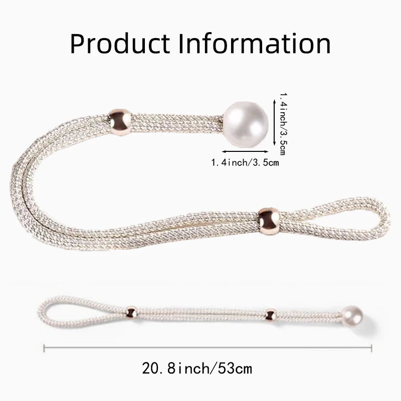 Silver artificial pearl curtain tie-backs with a chain and a loop.