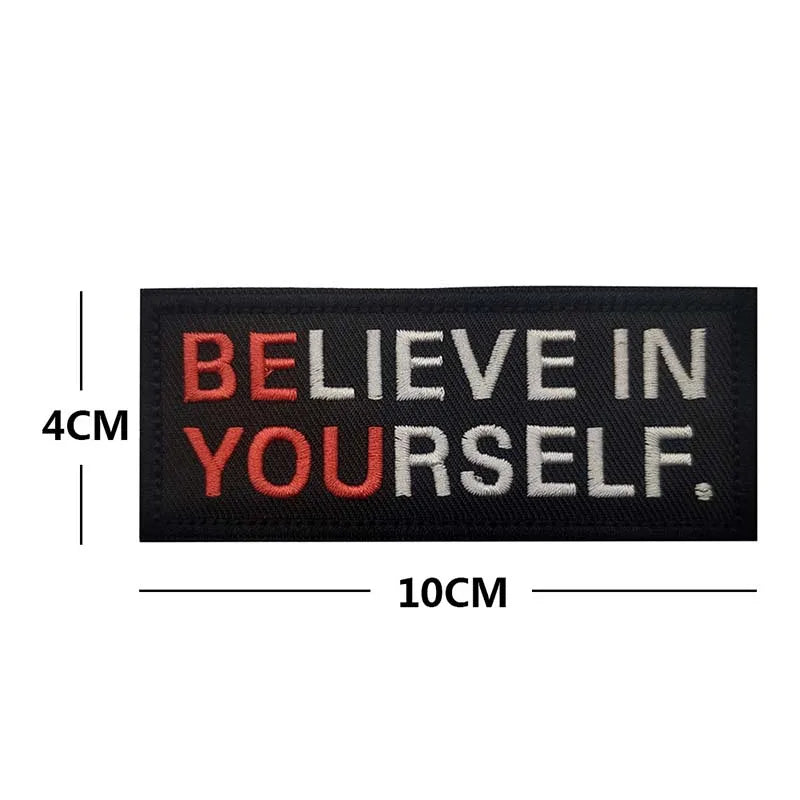 Black embroidered alphabet hook and loop patches with the text Believe in Yourself